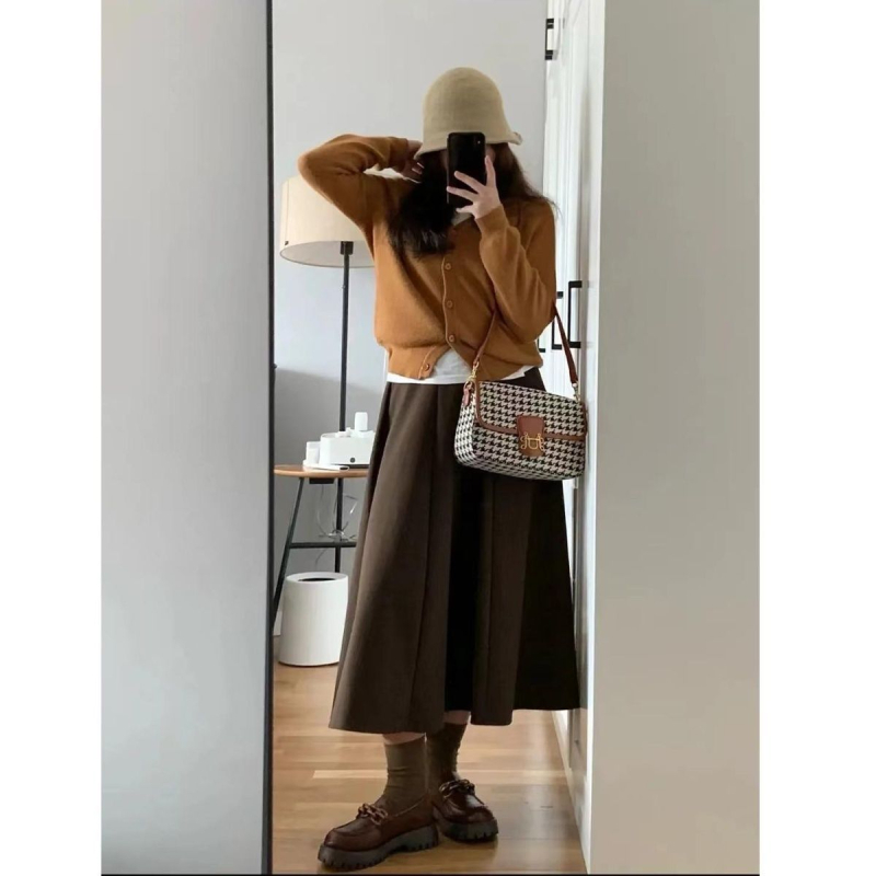 Fustă A-line midi din lână cu spandex, micro-elastică, Primăvara 2025