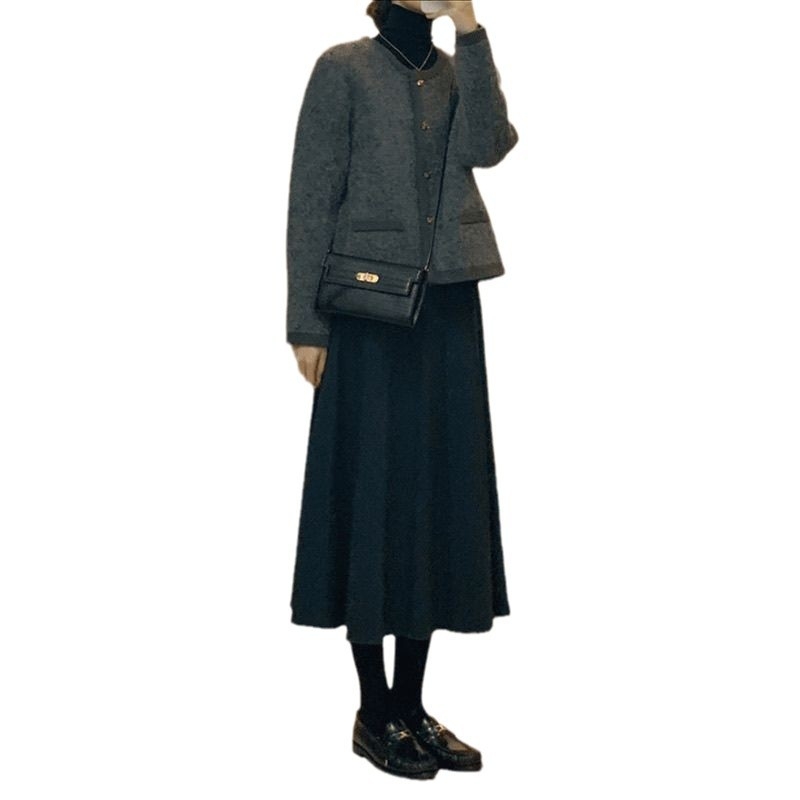 Fustă A-line midi din lână cu spandex, micro-elastică, Primăvara 2025