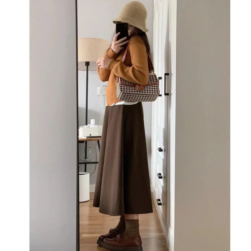 Fustă A-line midi din lână cu spandex, micro-elastică, Primăvara 2025