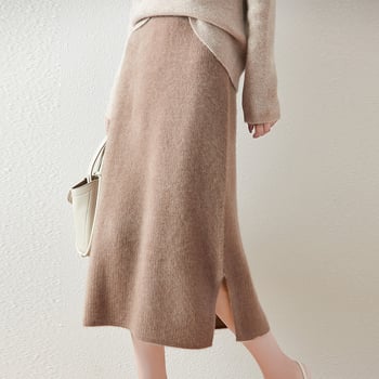 Fustă tricotată din lână pentru femei, lungime midi, cu splituri laterale, mulată pe șolduri, talie înaltă