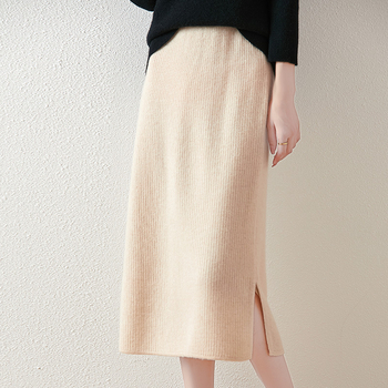 Fustă tricotată din lână pentru femei, lungime midi, cu splituri laterale, mulată pe șolduri, talie înaltă