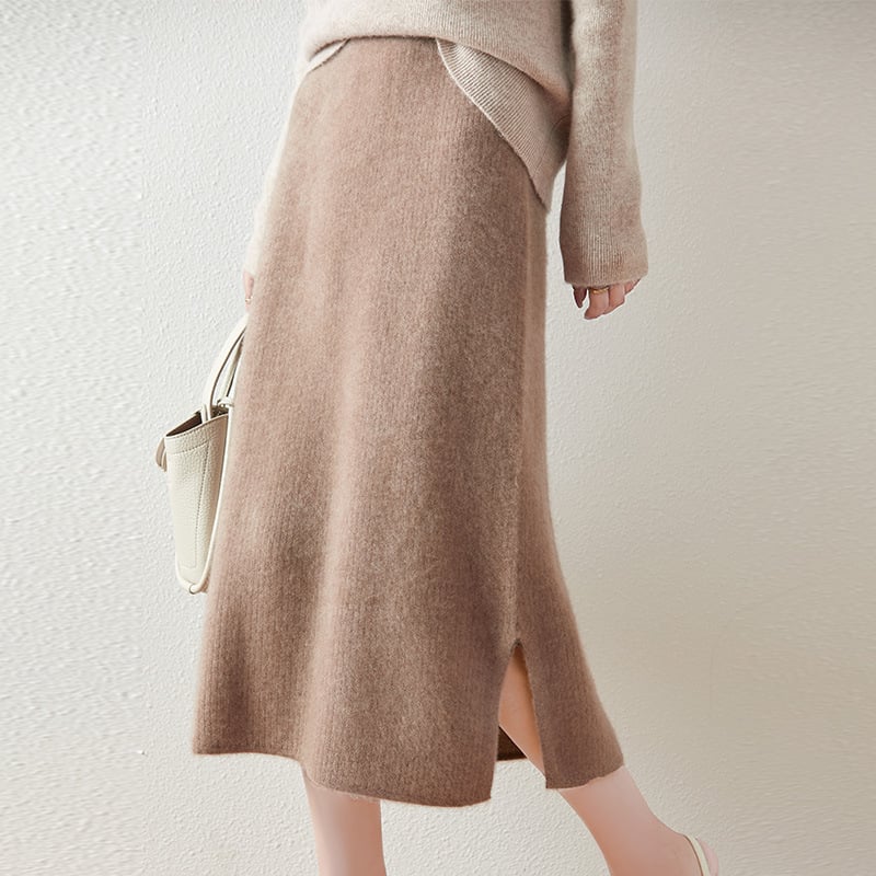 Fustă tricotată din lână pentru femei, lungime midi, cu splituri laterale, mulată pe șolduri, talie înaltă