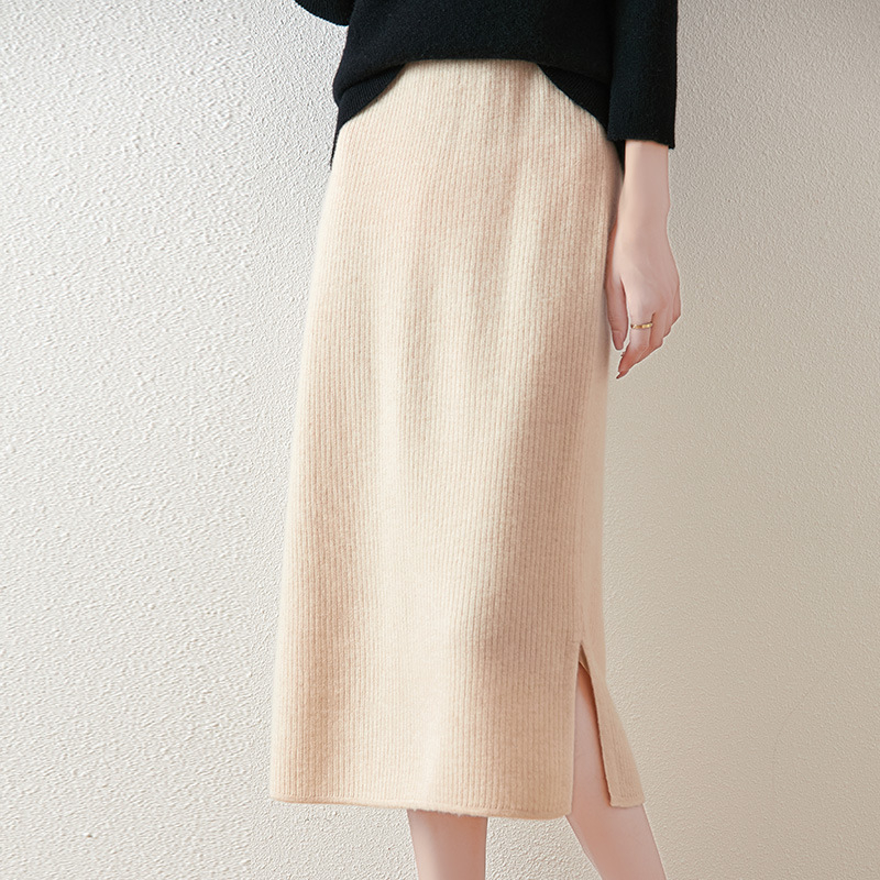 Fustă tricotată din lână pentru femei, lungime midi, cu splituri laterale, mulată pe șolduri, talie înaltă