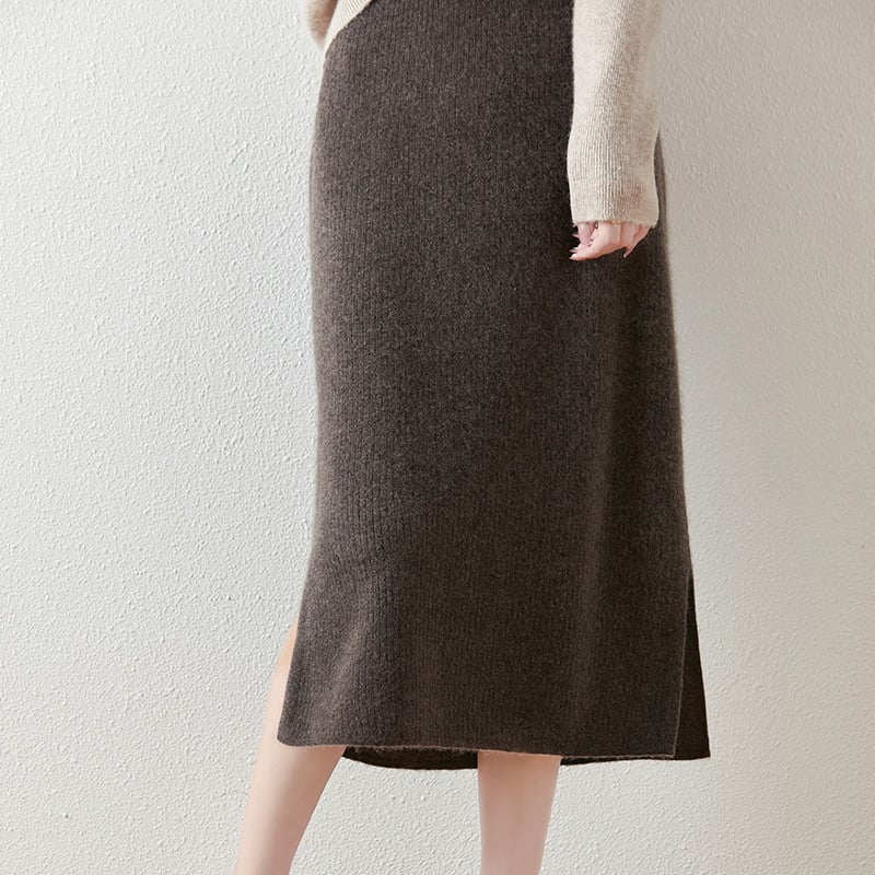 Fustă tricotată din lână pentru femei, lungime midi, cu splituri laterale, mulată pe șolduri, talie înaltă