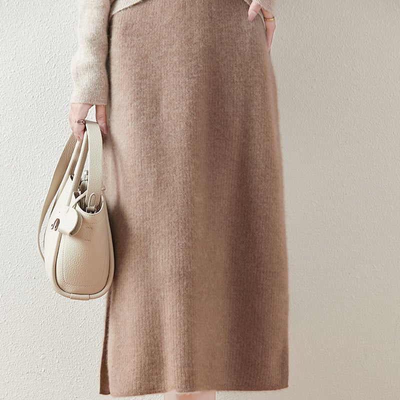 Fustă tricotată din lână pentru femei, lungime midi, cu splituri laterale, mulată pe șolduri, talie înaltă