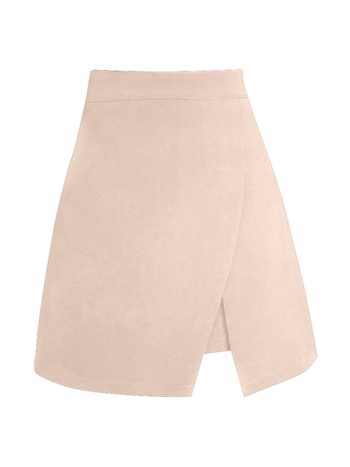 Fustă scurtă cu talie înaltă și croială neregulată, deschidere laterală; poliester cu spandex, micro-elastic