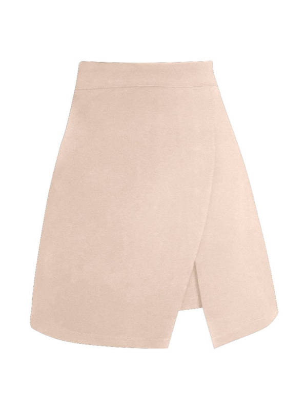 Fustă scurtă cu talie înaltă și croială neregulată, deschidere laterală; poliester cu spandex, micro-elastic