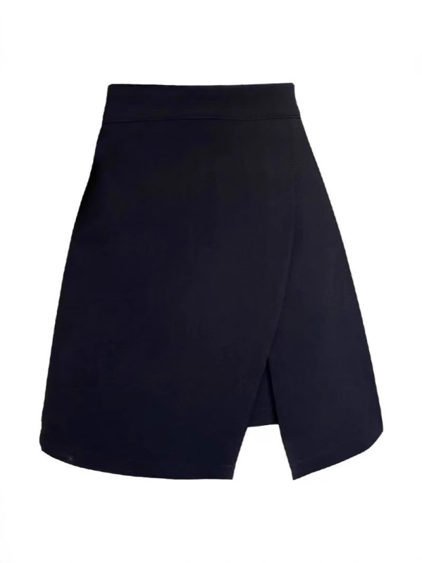 Fustă scurtă cu talie înaltă și croială neregulată, deschidere laterală; poliester cu spandex, micro-elastic