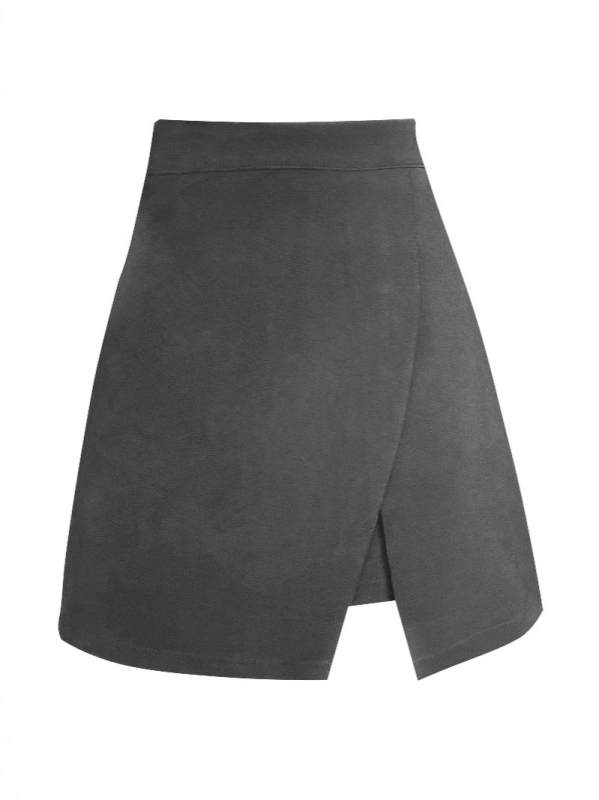 Fustă scurtă cu talie înaltă și croială neregulată, deschidere laterală; poliester cu spandex, micro-elastic