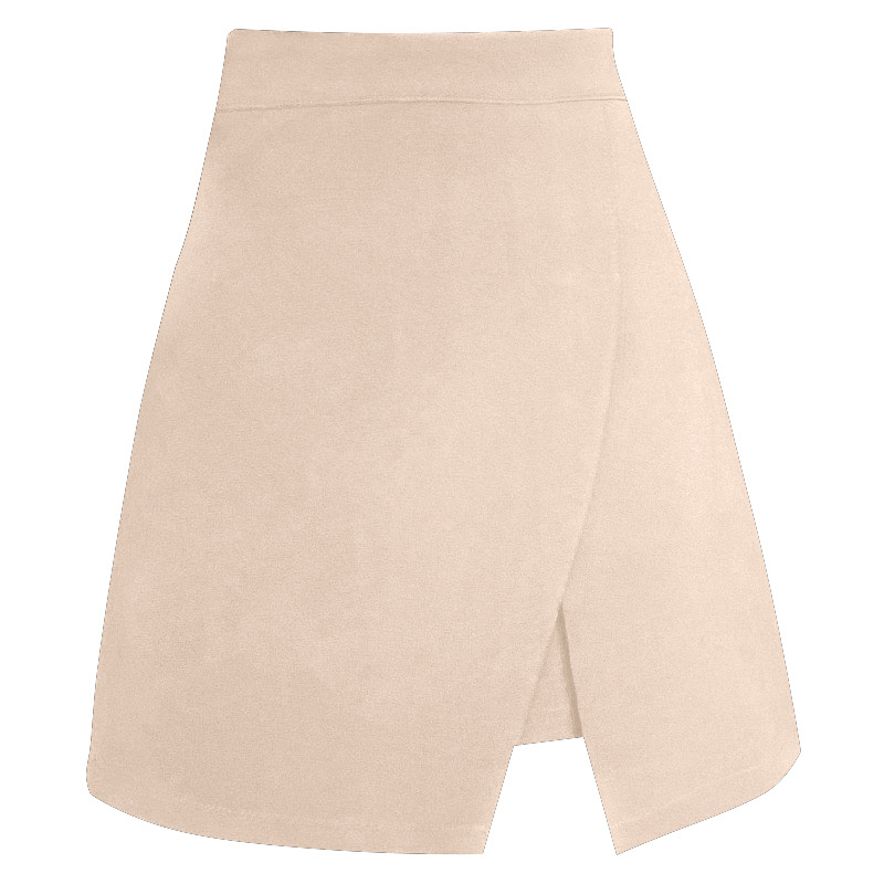 Fustă scurtă cu talie înaltă și croială neregulată, deschidere laterală; poliester cu spandex, micro-elastic