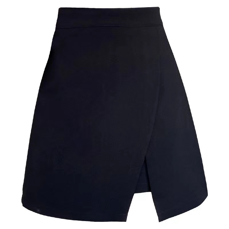 Fustă scurtă cu talie înaltă și croială neregulată, deschidere laterală; poliester cu spandex, micro-elastic