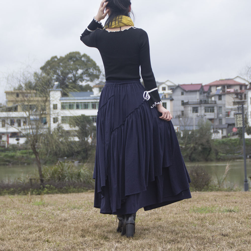 Fustă lungă plisată, stil etnic, din bumbac-lin, conținut bumbac 70–80%