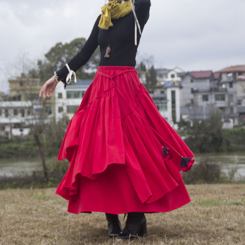 Fustă lungă plisată, stil etnic, din bumbac-lin, conținut bumbac 70–80%