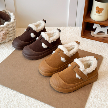 Ghete de iarnă pentru copii, stil coreean, închidere Velcro, căptușite cu fleece, talpă groasă, partea superioară din piele artificială, Origine Taizhou, Zhejiang, Brand Stupid Frog