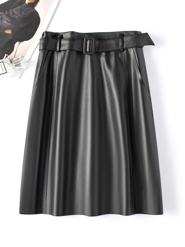 Fustă midi din piele PU, plisată – culoare solidă, textură gravată, micro-elastică