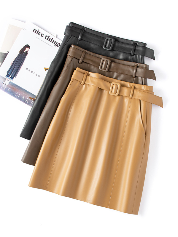 Fustă midi din piele PU, plisată – culoare solidă, textură gravată, micro-elastică