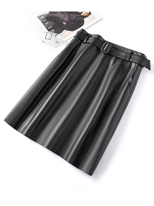 Fustă midi din piele PU, plisată – culoare solidă, textură gravată, micro-elastică