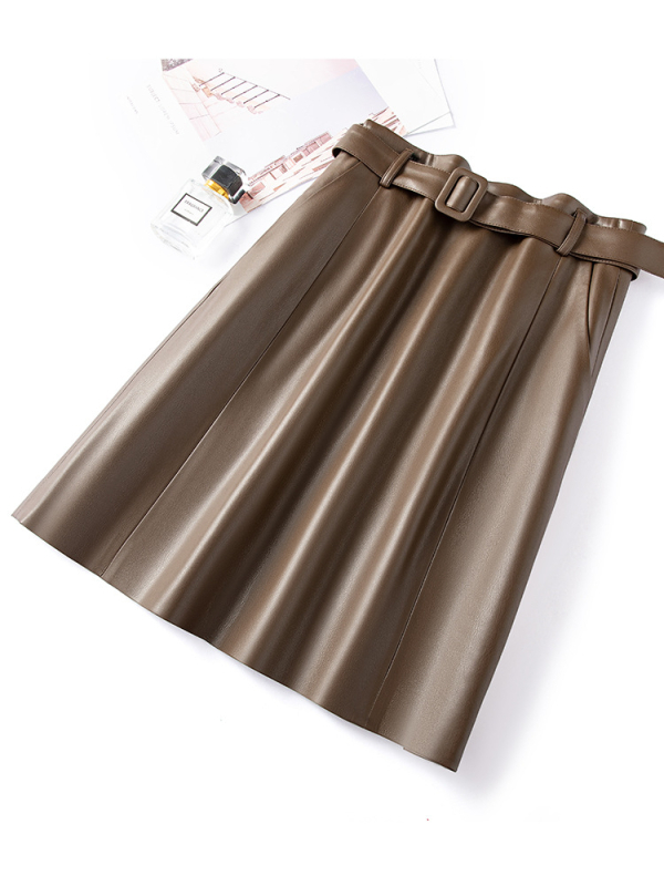 Fustă midi din piele PU, plisată – culoare solidă, textură gravată, micro-elastică