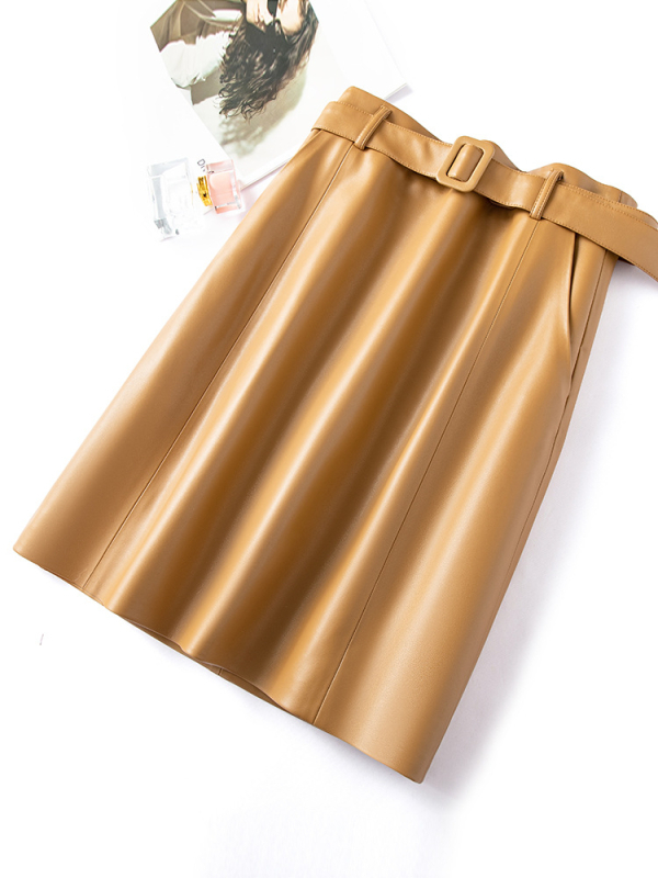 Fustă midi din piele PU, plisată – culoare solidă, textură gravată, micro-elastică