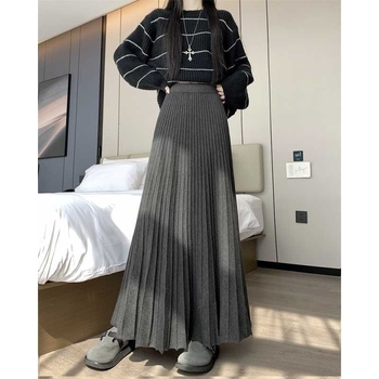 Γυναικεία μακριά φούστα πλισέ με υψηλή μέση, πλεκτό ύφασμα με ελαστικότητα, Α-γραμμή