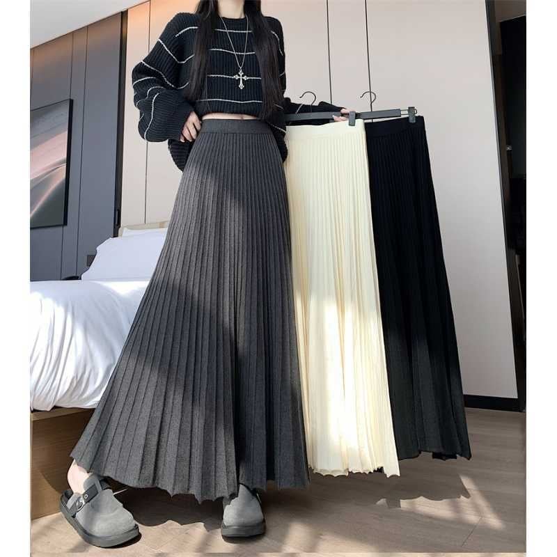 Γυναικεία μακριά φούστα πλισέ με υψηλή μέση, πλεκτό ύφασμα με ελαστικότητα, Α-γραμμή