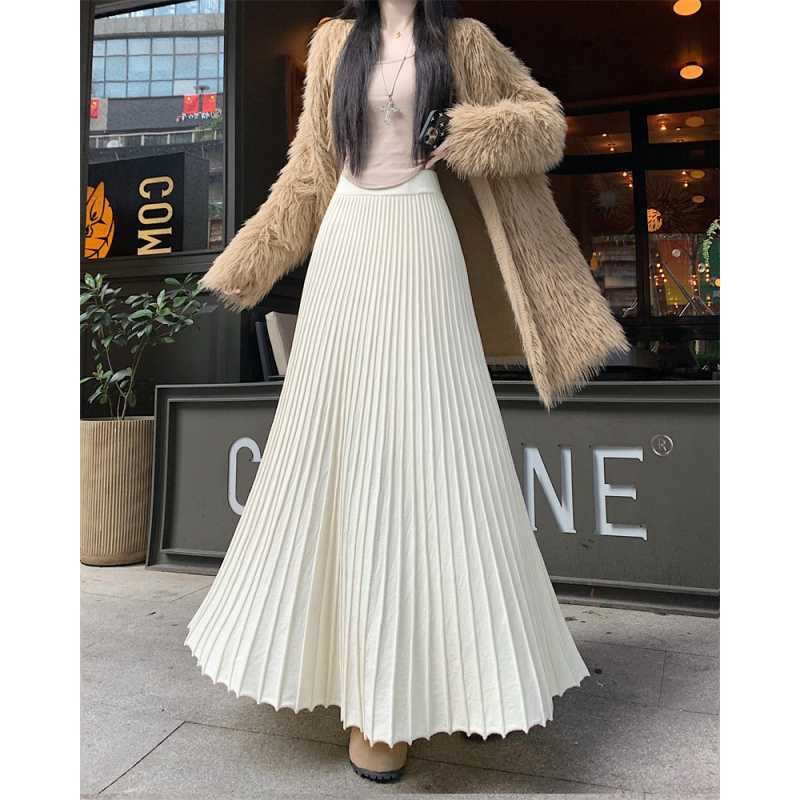Γυναικεία μακριά φούστα πλισέ με υψηλή μέση, πλεκτό ύφασμα με ελαστικότητα, Α-γραμμή