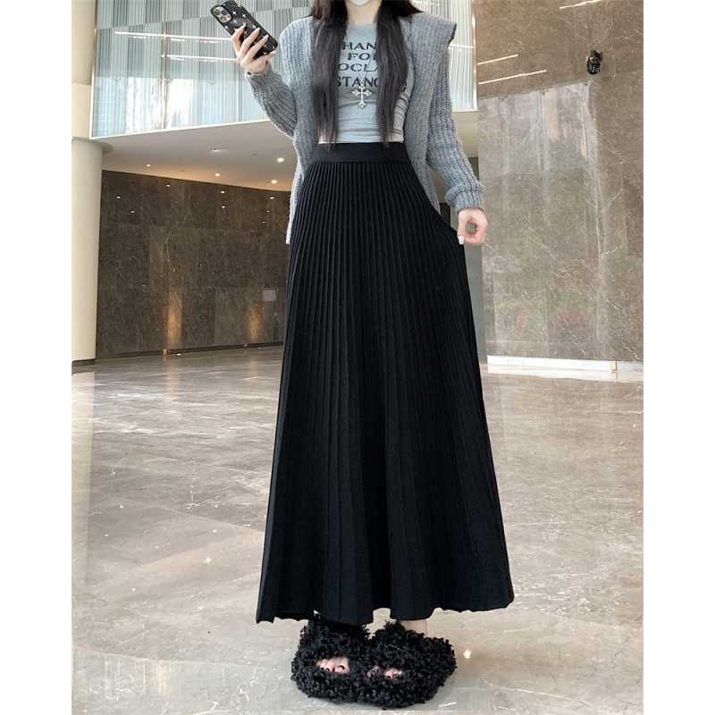 Γυναικεία μακριά φούστα πλισέ με υψηλή μέση, πλεκτό ύφασμα με ελαστικότητα, Α-γραμμή