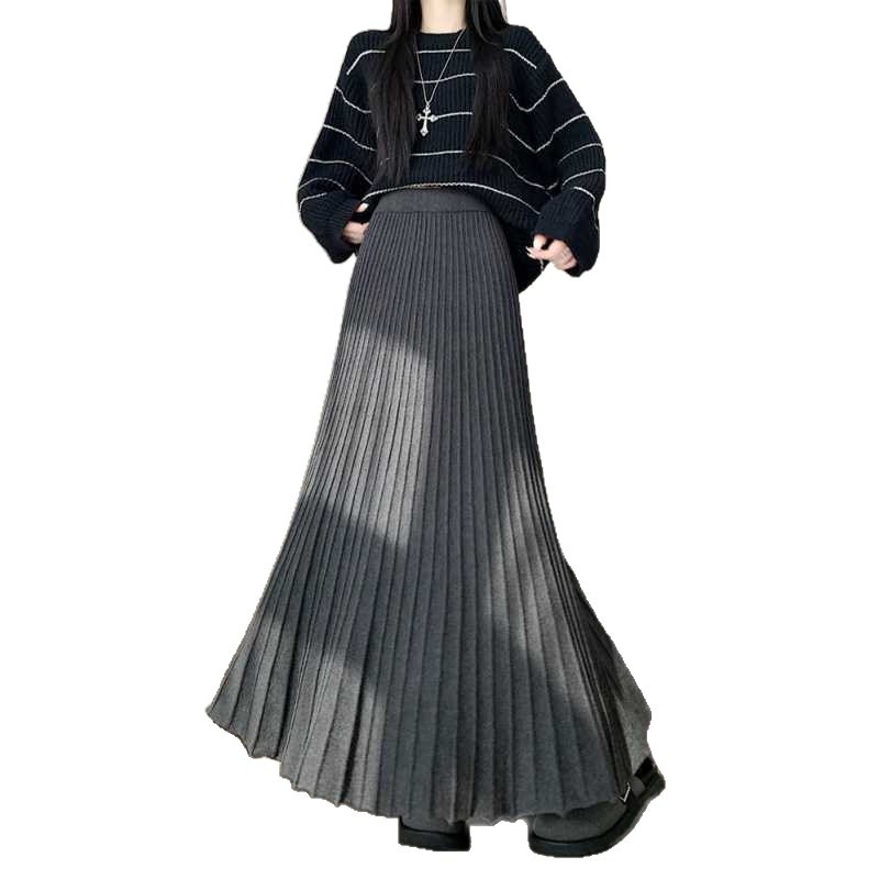 Γυναικεία μακριά φούστα πλισέ με υψηλή μέση, πλεκτό ύφασμα με ελαστικότητα, Α-γραμμή
