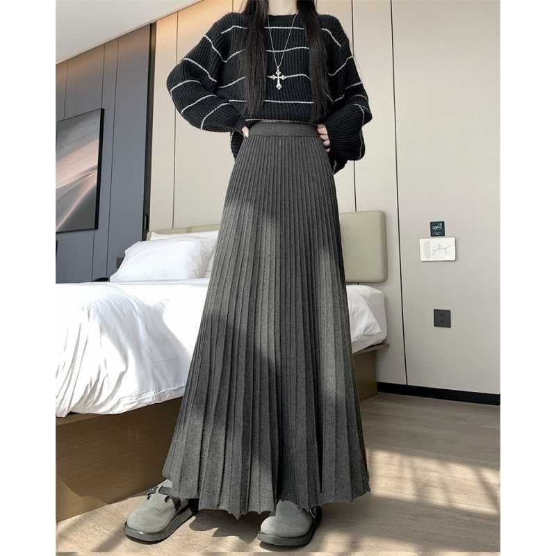 Γυναικεία μακριά φούστα πλισέ με υψηλή μέση, πλεκτό ύφασμα με ελαστικότητα, Α-γραμμή