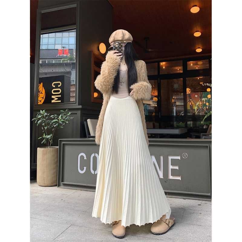 Γυναικεία μακριά φούστα πλισέ με υψηλή μέση, πλεκτό ύφασμα με ελαστικότητα, Α-γραμμή