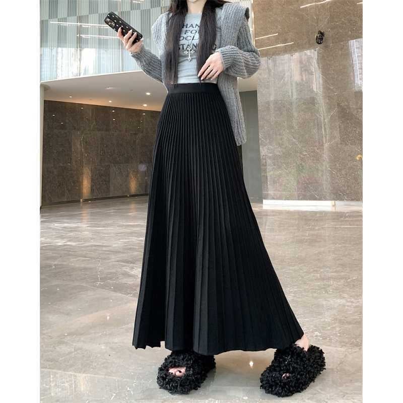 Γυναικεία μακριά φούστα πλισέ με υψηλή μέση, πλεκτό ύφασμα με ελαστικότητα, Α-γραμμή