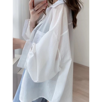 Cămașă Ice Silk cu protecție UV – croială lejeră, mâneci lungi, model dungile/karo, amestec poliester-spandex-cotton, nasturi pe un singur rând