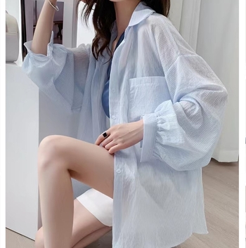 Cămașă Ice Silk cu protecție UV – croială lejeră, mâneci lungi, model dungile/karo, amestec poliester-spandex-cotton, nasturi pe un singur rând