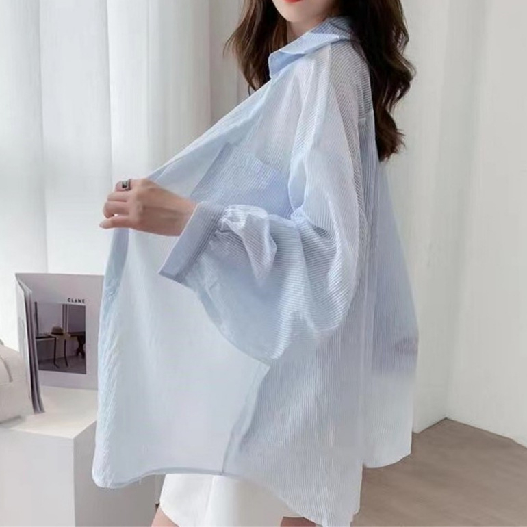 Cămașă Ice Silk cu protecție UV – croială lejeră, mâneci lungi, model dungile/karo, amestec poliester-spandex-cotton, nasturi pe un singur rând