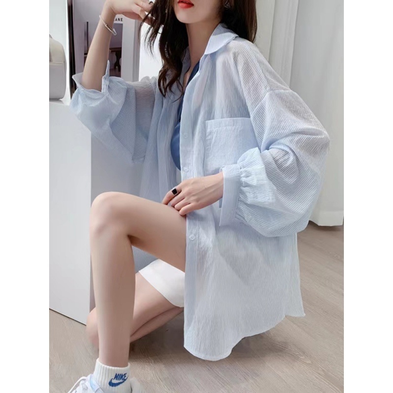 Cămașă Ice Silk cu protecție UV – croială lejeră, mâneci lungi, model dungile/karo, amestec poliester-spandex-cotton, nasturi pe un singur rând