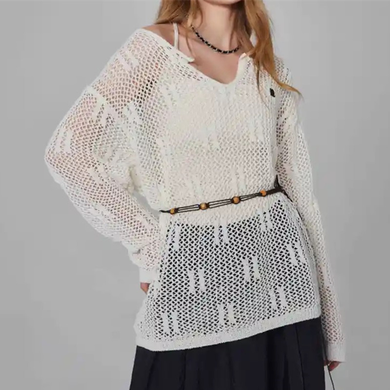 Top tricotat dantelat cu decolteu în V, mâneci lungi, croială lejeră, model geometric, poliester tricotat, ușor pentru primăvara 2024