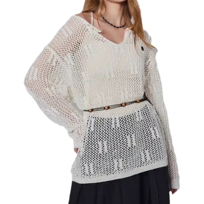 Top tricotat dantelat cu decolteu în V, mâneci lungi, croială lejeră, model geometric, poliester tricotat, ușor pentru primăvara 2024
