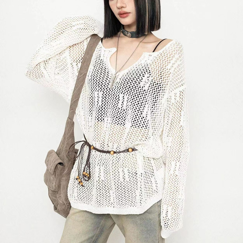 Top tricotat dantelat cu decolteu în V, mâneci lungi, croială lejeră, model geometric, poliester tricotat, ușor pentru primăvara 2024