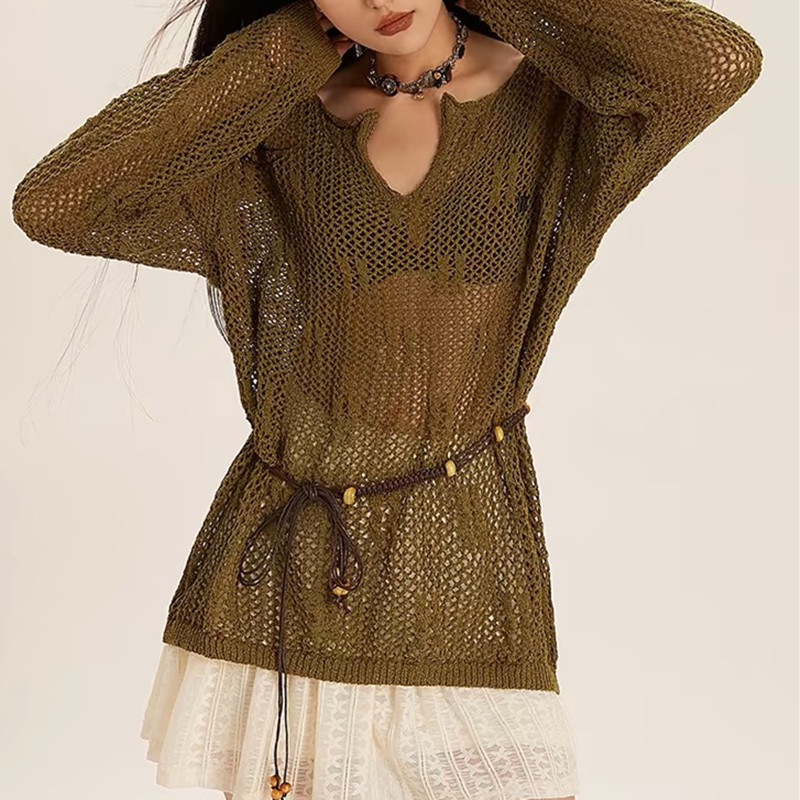 Top tricotat dantelat cu decolteu în V, mâneci lungi, croială lejeră, model geometric, poliester tricotat, ușor pentru primăvara 2024