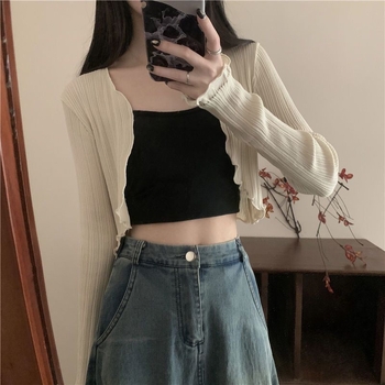 Cardigan cu protecție solară, tricot subțire Ice Silk, guler cu frunză de lotus, amestec de fibre acrilice (30–50%)