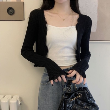 Cardigan cu protecție solară, tricot subțire Ice Silk, guler cu frunză de lotus, amestec de fibre acrilice (30–50%)