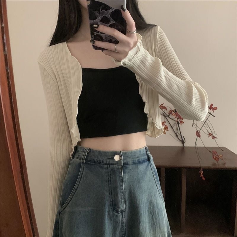 Cardigan cu protecție solară, tricot subțire Ice Silk, guler cu frunză de lotus, amestec de fibre acrilice (30–50%)