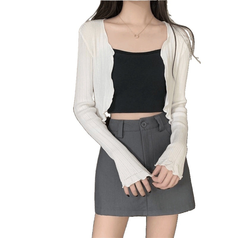 Cardigan cu protecție solară, tricot subțire Ice Silk, guler cu frunză de lotus, amestec de fibre acrilice (30–50%)