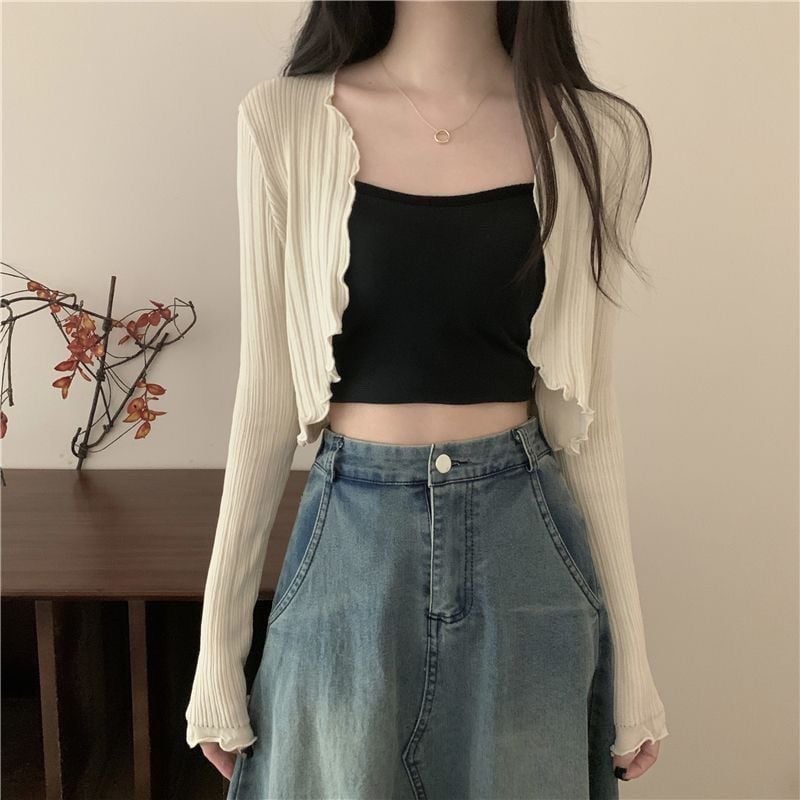 Cardigan cu protecție solară, tricot subțire Ice Silk, guler cu frunză de lotus, amestec de fibre acrilice (30–50%)