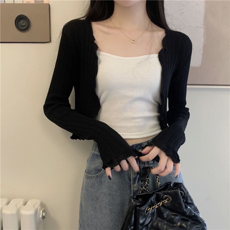 Cardigan cu protecție solară, tricot subțire Ice Silk, guler cu frunză de lotus, amestec de fibre acrilice (30–50%)