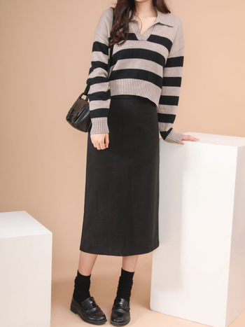 Fustă lungă din lână, croială mulată, culoare solidă, stil japonez/coreean lejer, toamnă-iarnă 2024