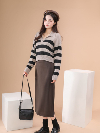 Fustă lungă din lână, croială mulată, culoare solidă, stil japonez/coreean lejer, toamnă-iarnă 2024