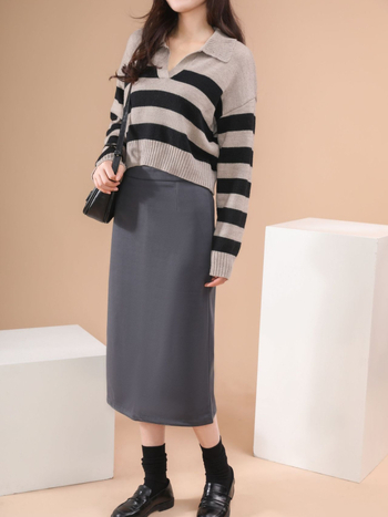 Fustă lungă din lână, croială mulată, culoare solidă, stil japonez/coreean lejer, toamnă-iarnă 2024