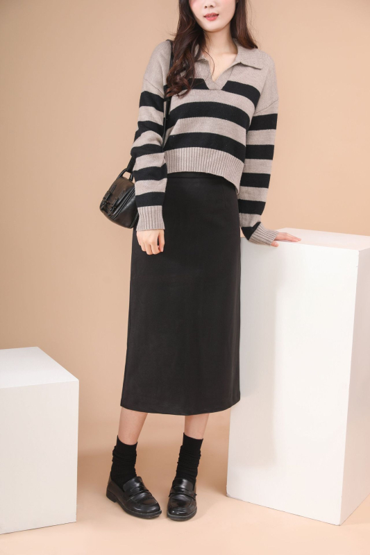 Fustă lungă din lână, croială mulată, culoare solidă, stil japonez/coreean lejer, toamnă-iarnă 2024