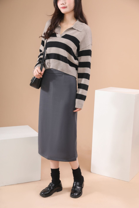 Fustă lungă din lână, croială mulată, culoare solidă, stil japonez/coreean lejer, toamnă-iarnă 2024